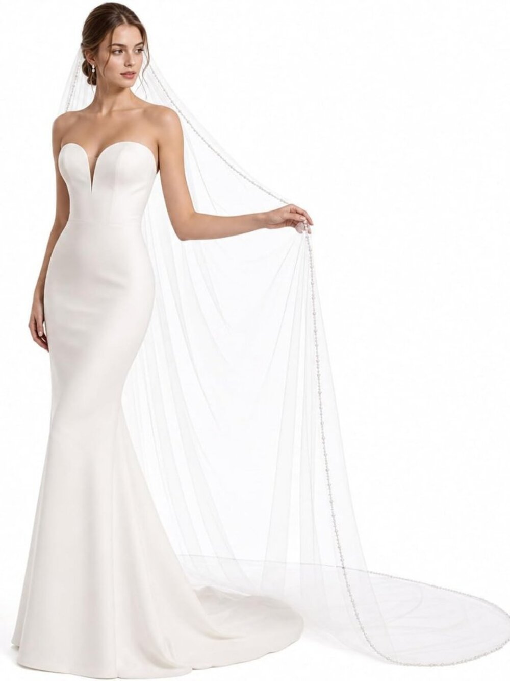 Elegant Fingertip Length Wedding Veil with Pearls, Beaded Edge & Comb